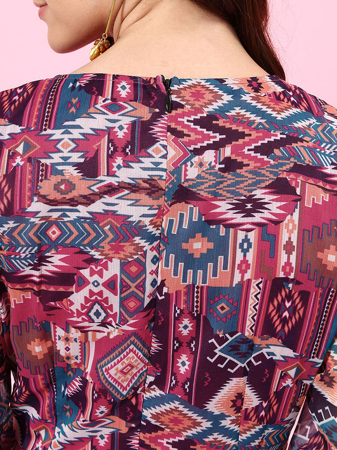 Women's Multicolored V-Neck Three-Quarter Sleeve Geometric Patterned Wrap Midi Chiffon Dress