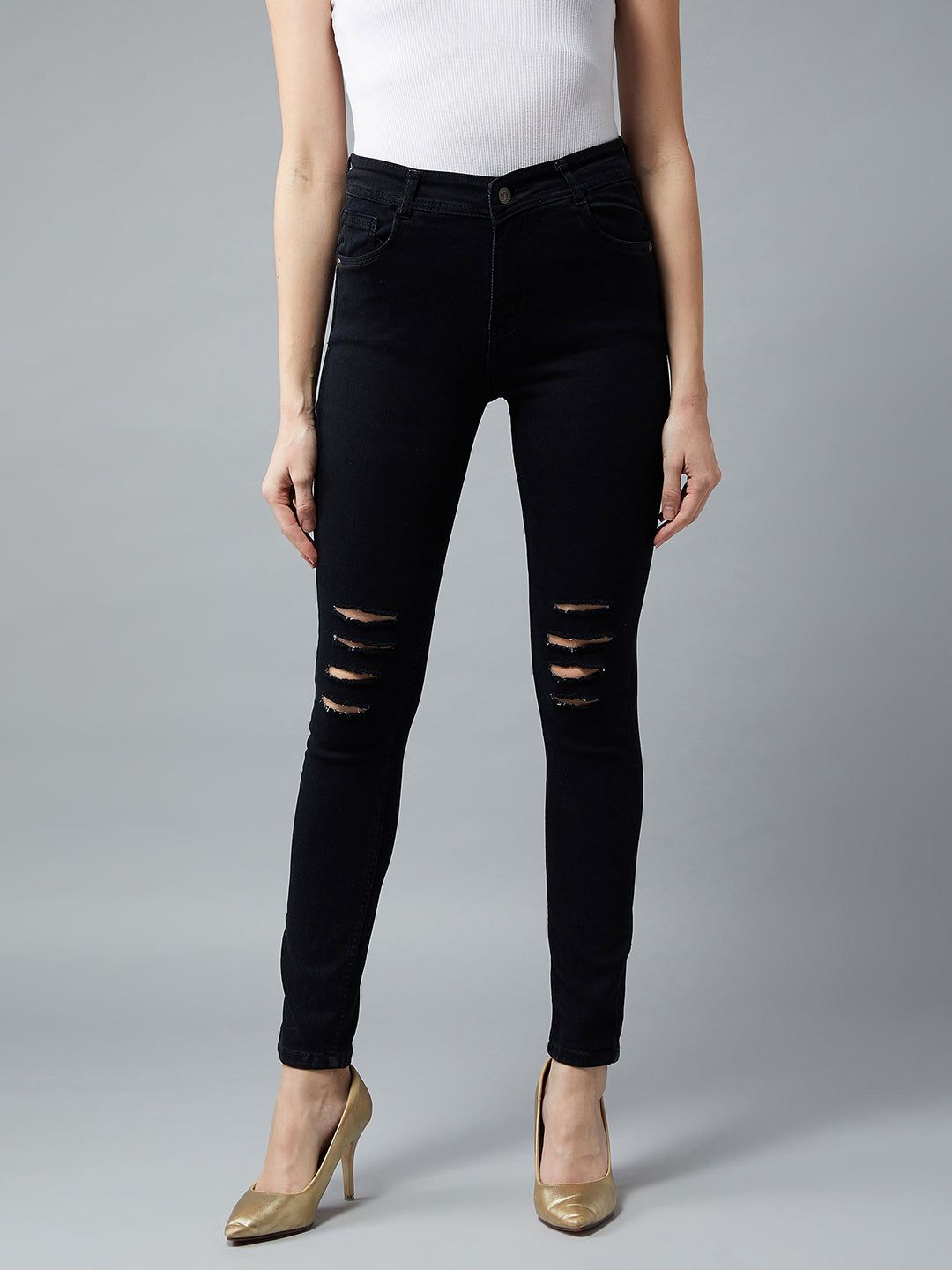 Women's Black Slim-Fit High-Rise Mild Distressed Ripped Stretchable Denim Jeans