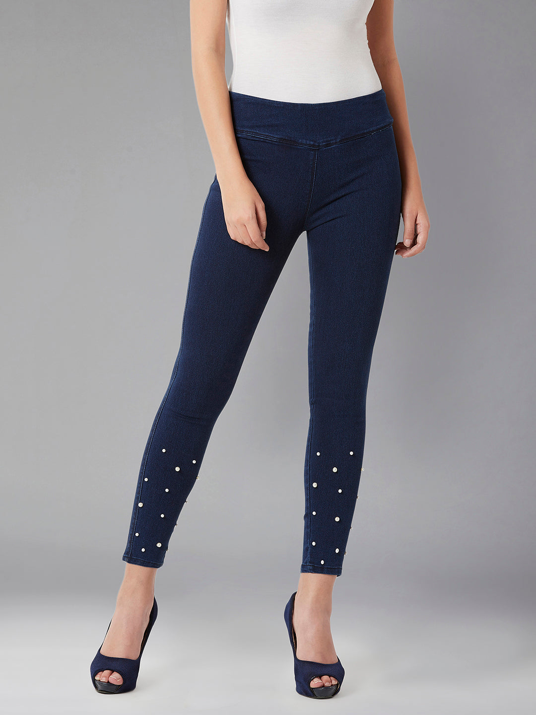 Women's Navy Blue Super Skinny High-Rise Clean-Look Regular Length Embellished Stretchable Denim Jeggings
