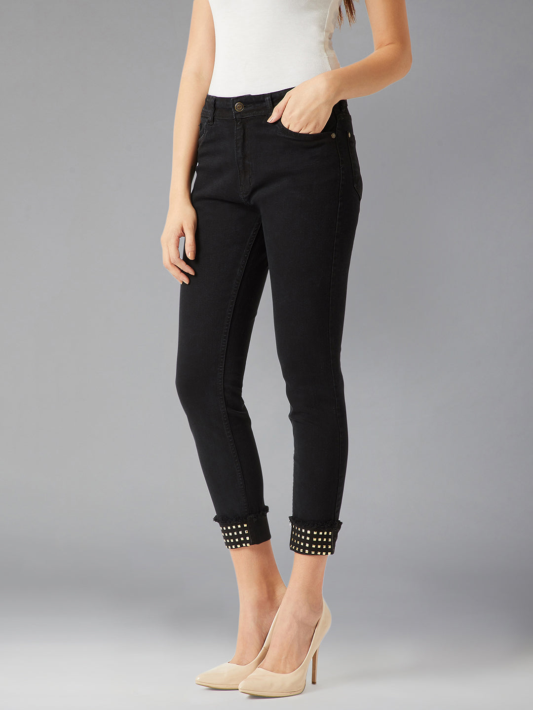 Women's Black Slim-Fit High-Rise Clean-Look Regular Length Embellished Stretchable Denim Jeans