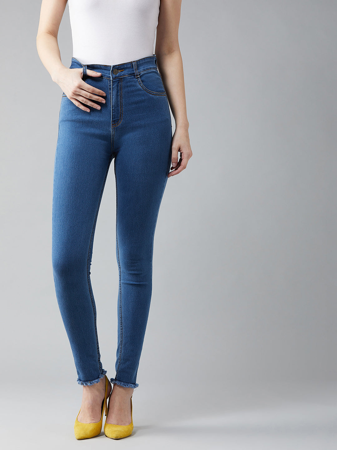 Women's Blue Skinny High-Rise Cropped-Length Fringe Detailing Stretchable Denim Jeans