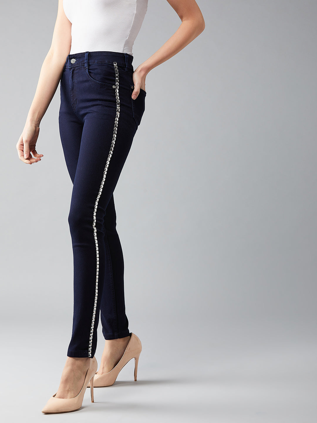 Women's Navy-Blue Skinny-Fit Mid-Rise Metal Tape Detailing Stretchable Denim Jeans