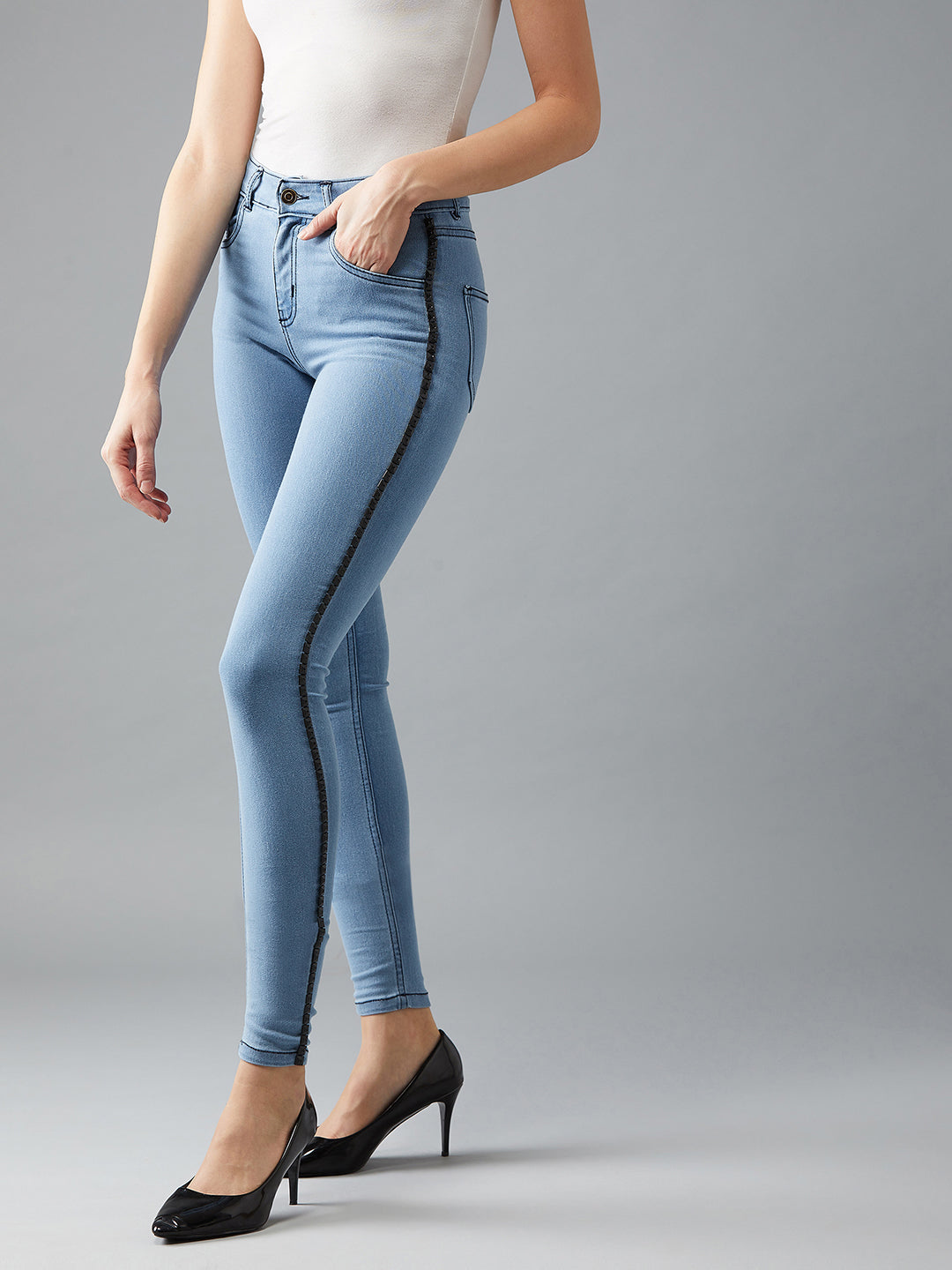 Women's Light Blue Skinny Mid-Rise Metal Tape Detailing Stretchable Denim Jeans