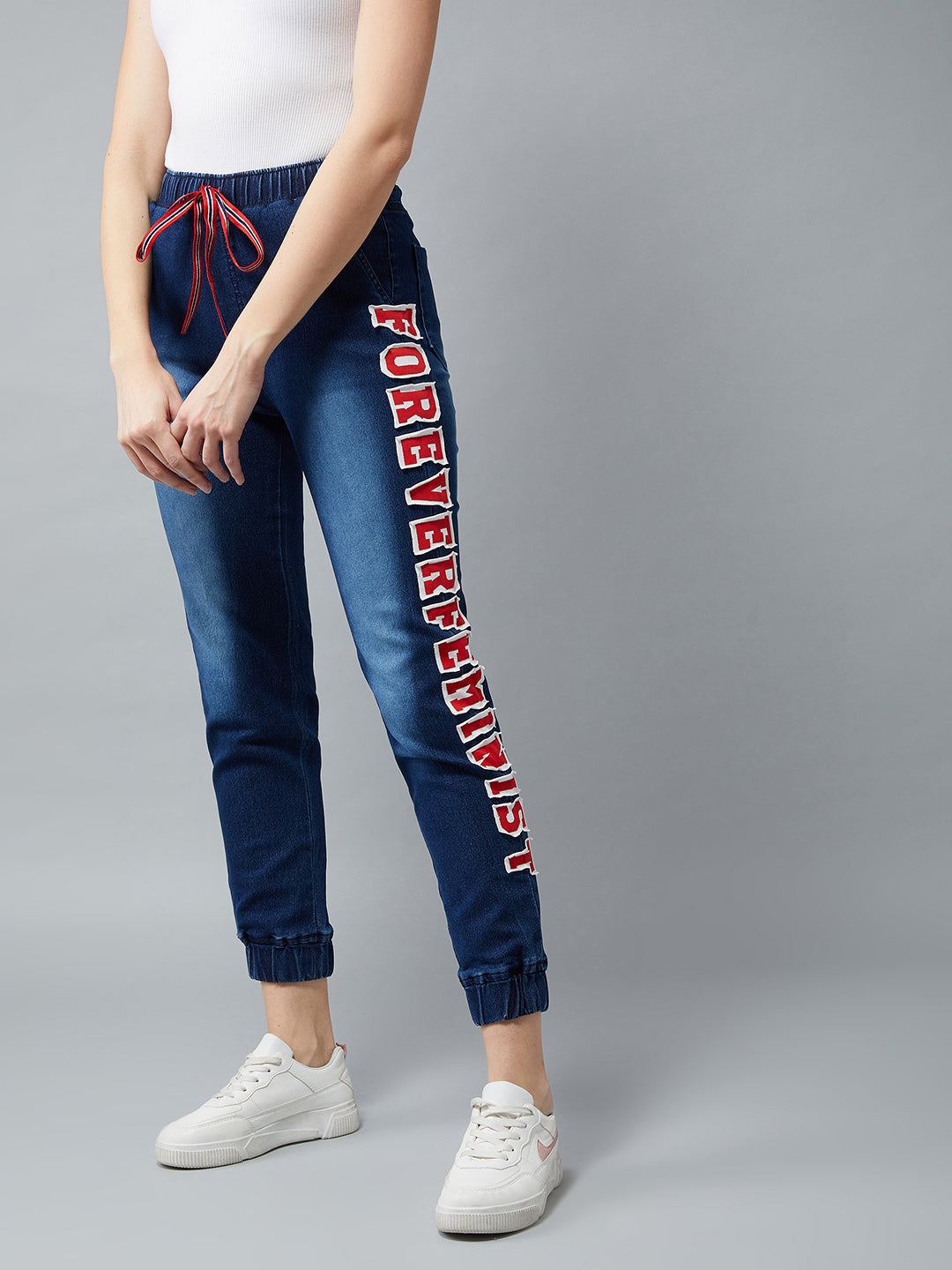 Women's Navy Blue Regular Fit Mid Rise Clean-Look Regular Length Stretchable Denim Jogger