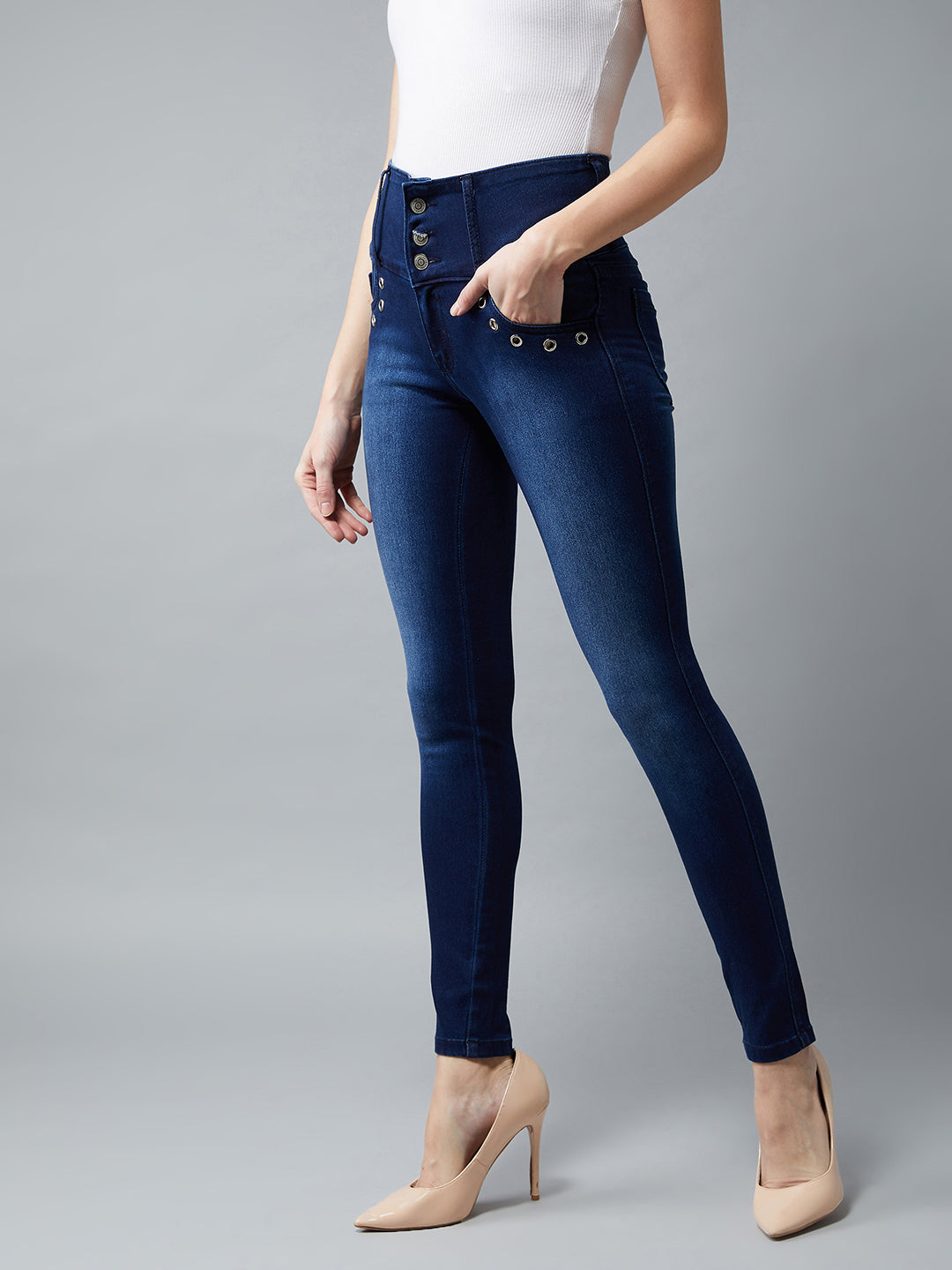 Women's Navy Blue Skinny-Fit High-Rise Regular Length Stretchable Denim Pants