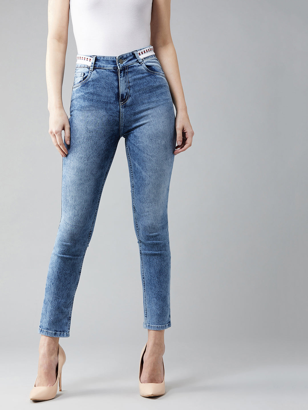 Women's Light Blue Slim-Fit High-Rise Light Wash Twill Tape Detailing Stretchable Denim Jeans