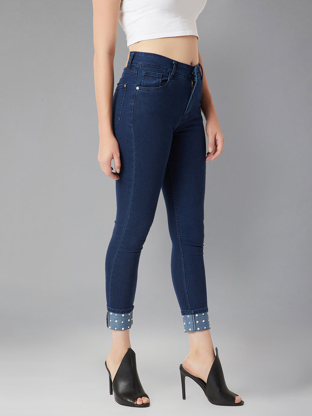 24/7 Comfort Navy-Blue Skinny-Fit High-Rise Pearl Embellished Stretchable Denim Jeans