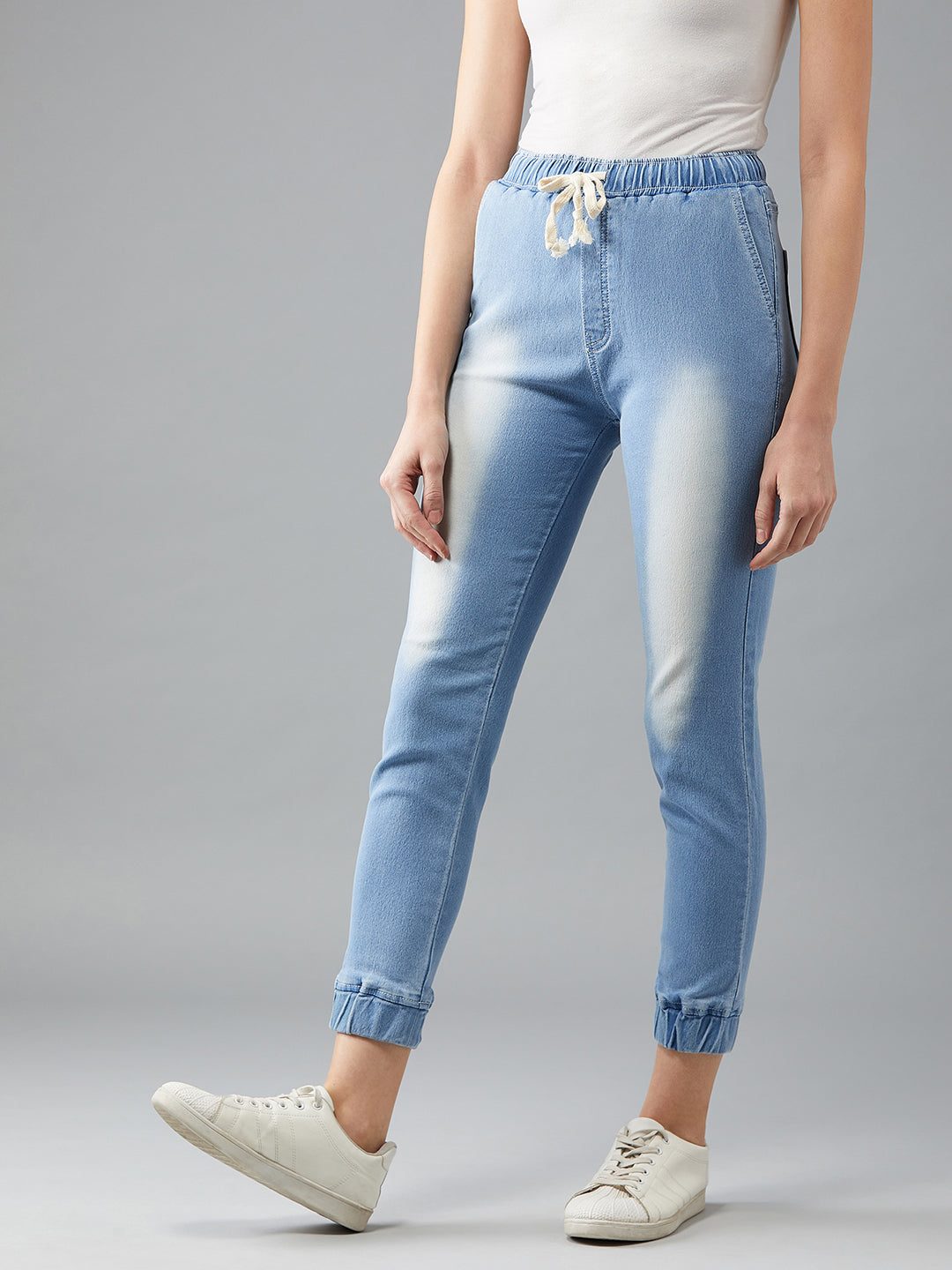 Women's Light Blue Solid Mid Rise Clean-Look Regular Length Ice Wash Stretchable Denim Jogger Pants