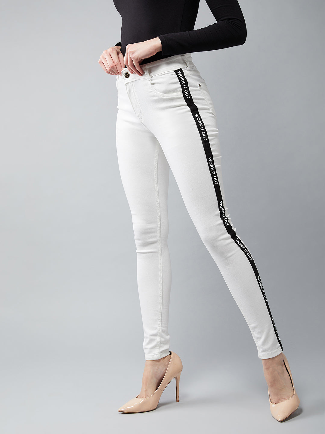 Women's White Skinny Mid-Rise Twill Tape Detailing Stretchable Denim Jeans