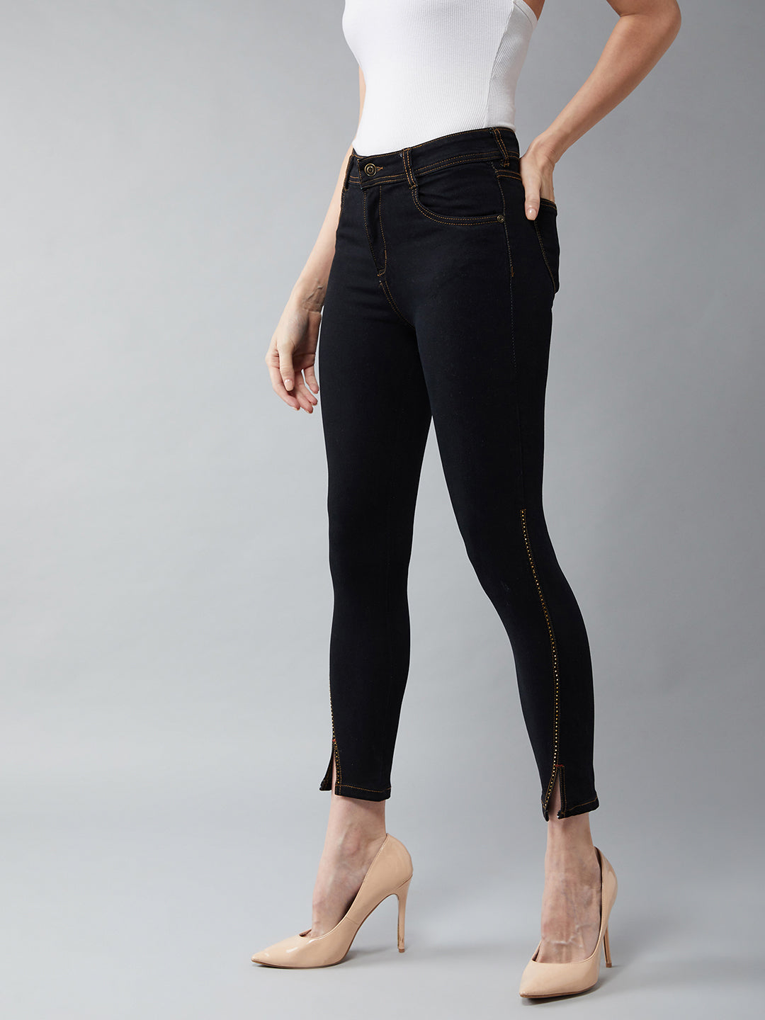 Women's Black Embellished Skinny High-Rise Side-Slit Solid Cropped-Length Stretchable Denim Jeans