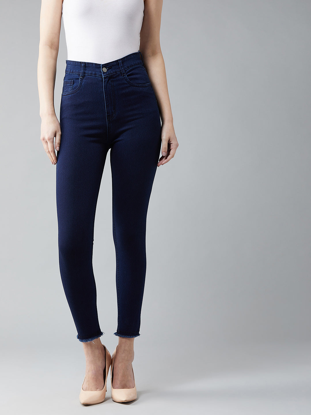 24/7 Comfort Navy-Blue Skinny High-Rise Solid Cropped Fringed Hemline Stretchable Denim Jeans