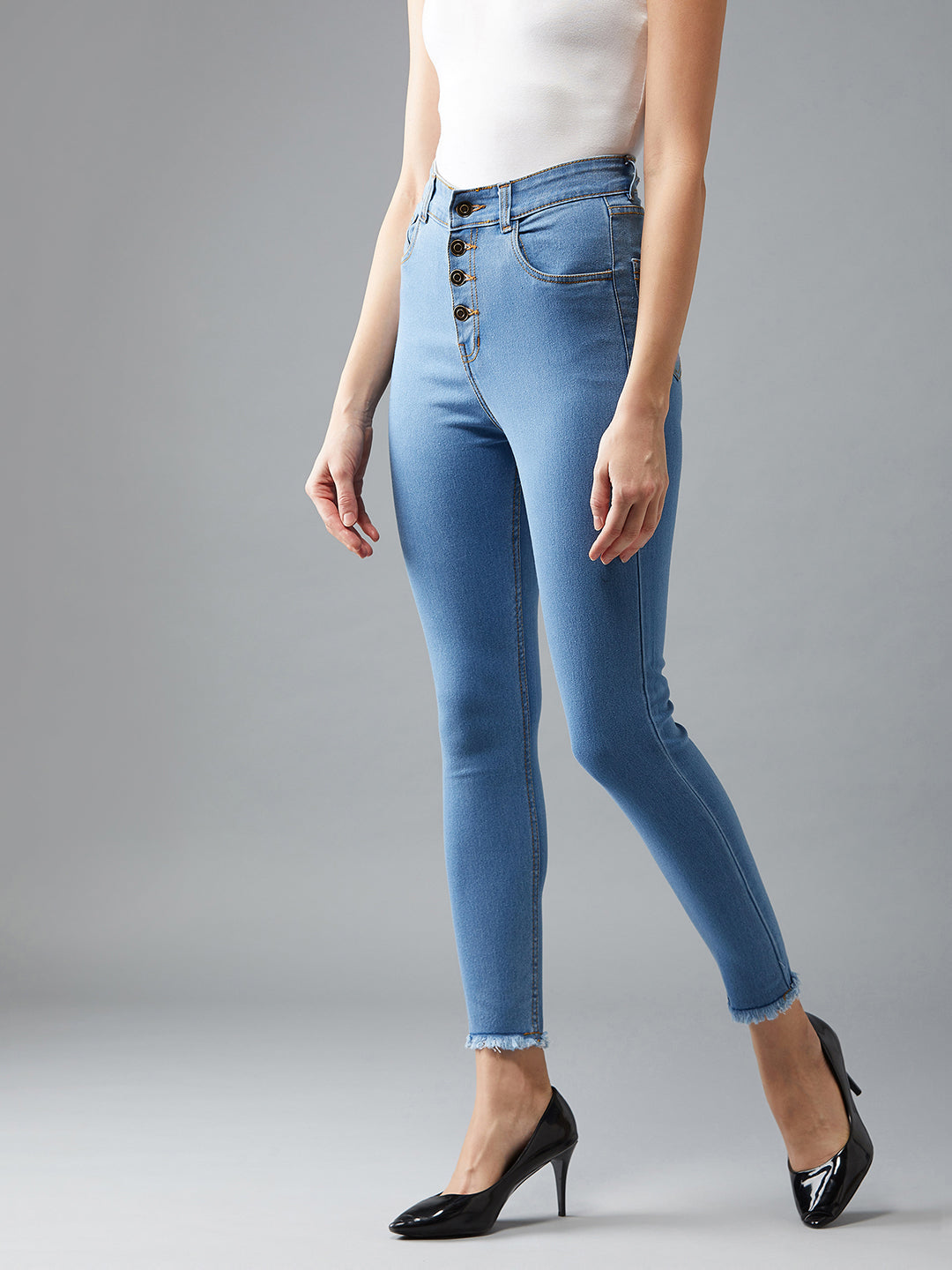 Women's Blue Skinny Solid High-Rise Clean-Look Cropped Fringed Hemline Detailing Stretchable Denim Jeans
