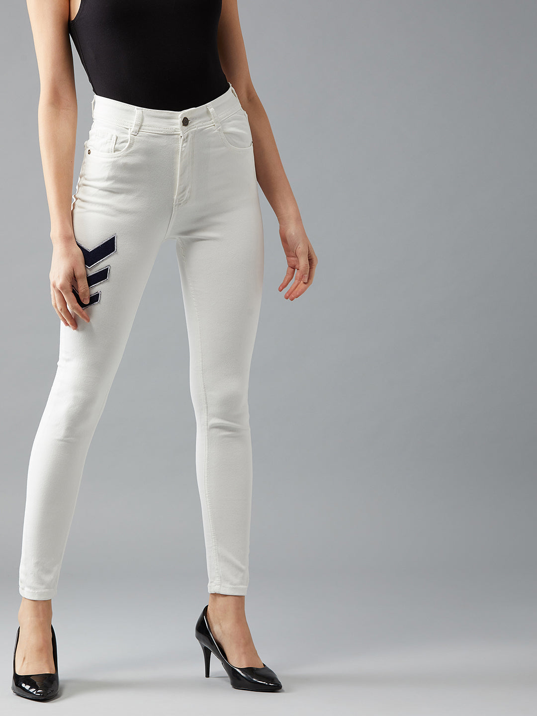 Women's White Skinny-Fit High-Rise Patchwork Detailing Stretchable Denim Jeans
