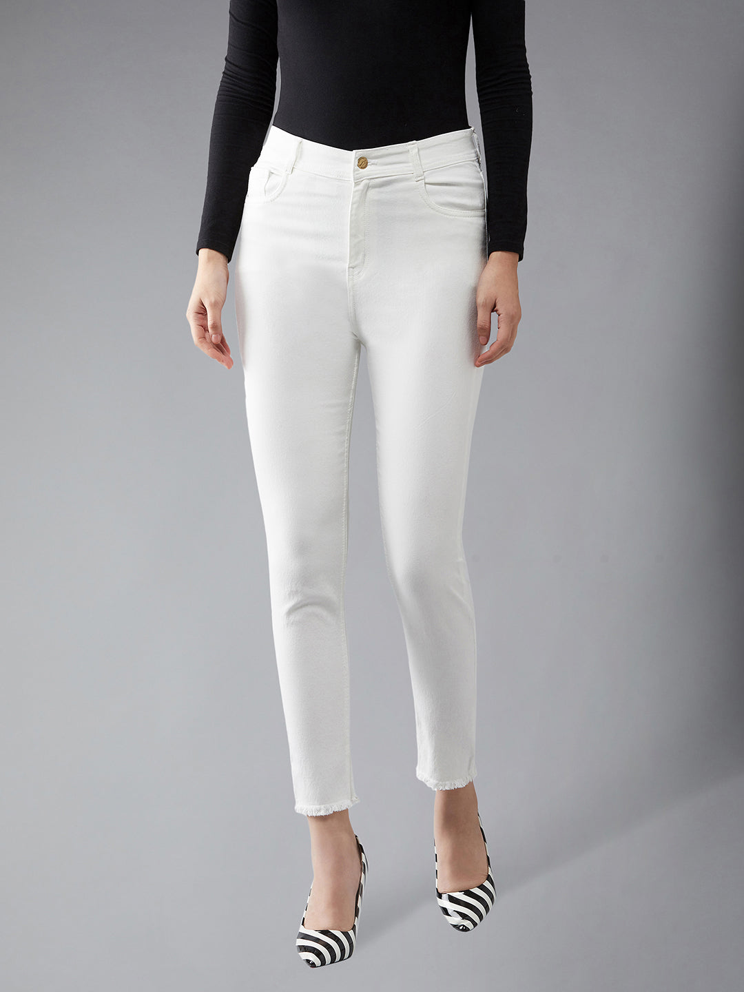 Women's White Skinny-Fit High-Rise Clean-Look Cropped Bleached Raw Edge Detailing Stretchable Denim Jeans