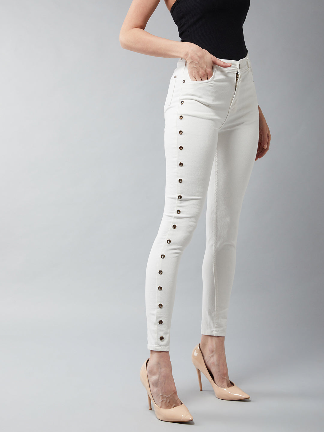 Women's White Skinny High-Rise Eyelet detailing Stretchable Denim Jeans
