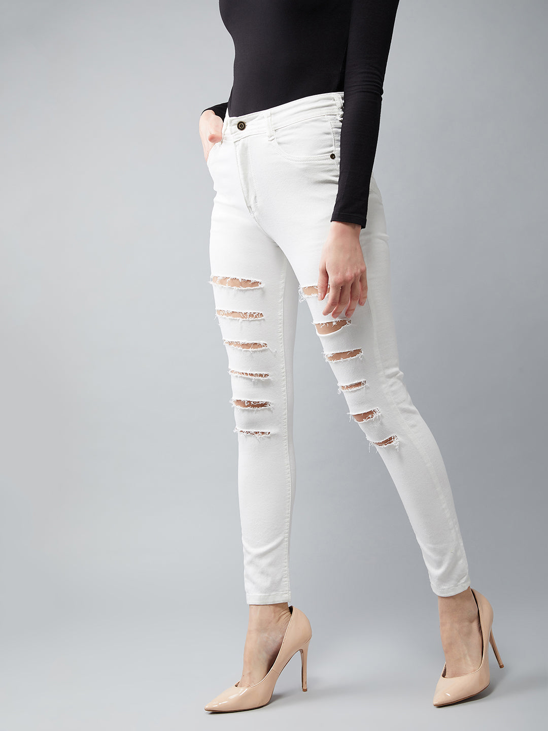 Women's White Skinny High-Rise Ripped Stretchable Denim Jeans