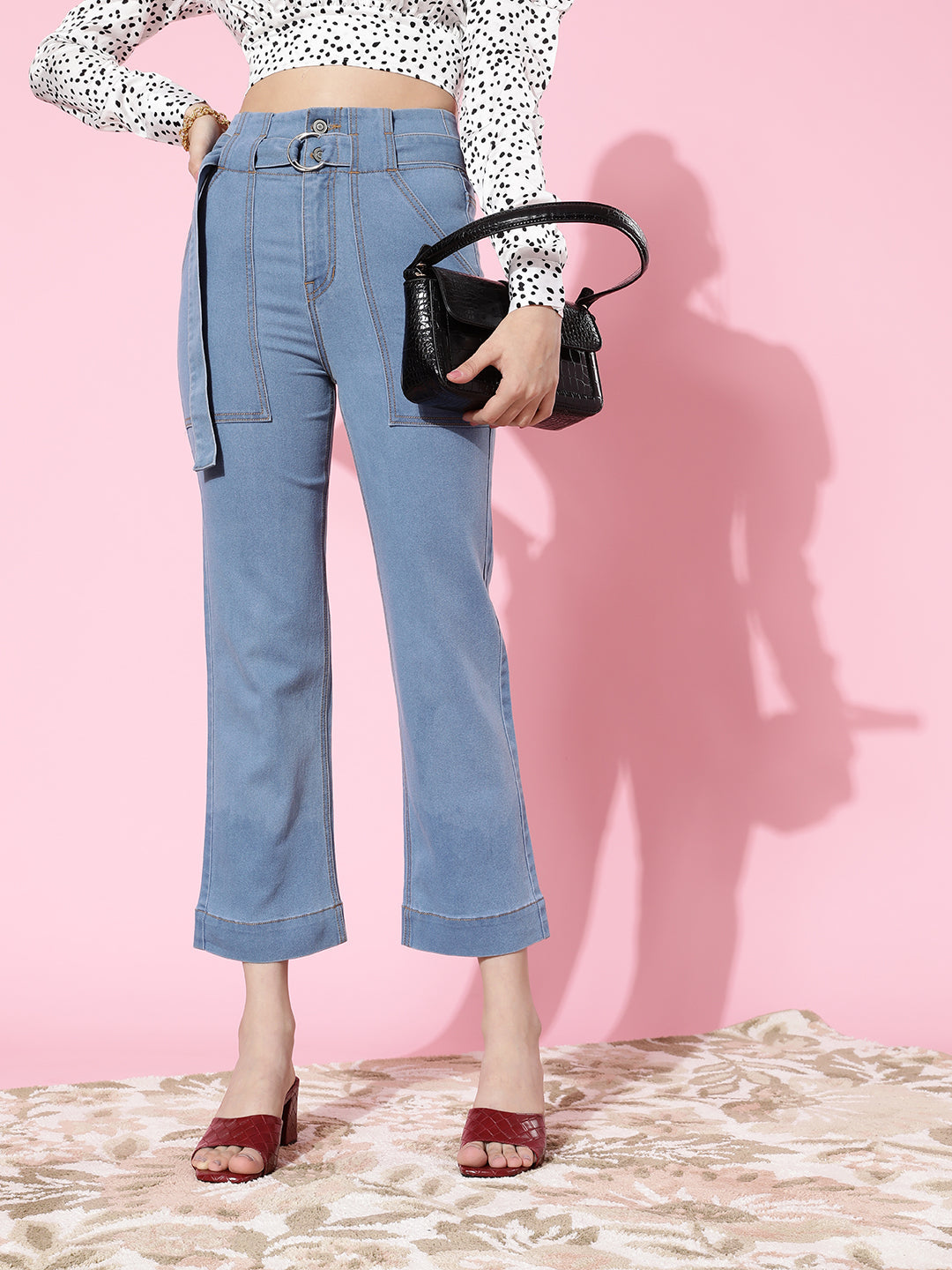 Women's Light Blue flared High-Rise Clean-Look Cropped Stretchable Denim Jeans