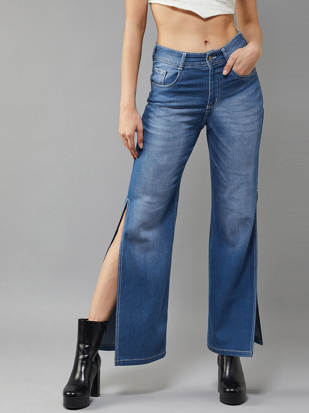 24/7 Comfort Light Blue Wide-Leg Fit Mid-Rise Stretchable Denim Jeans