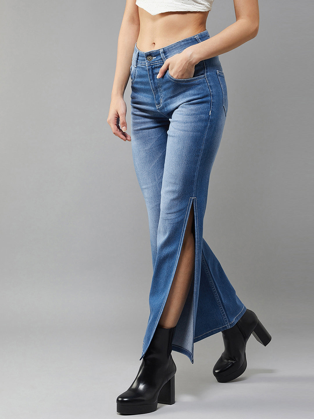 24/7 Comfort Light Blue Wide-Leg Fit Mid-Rise Stretchable Denim Jeans