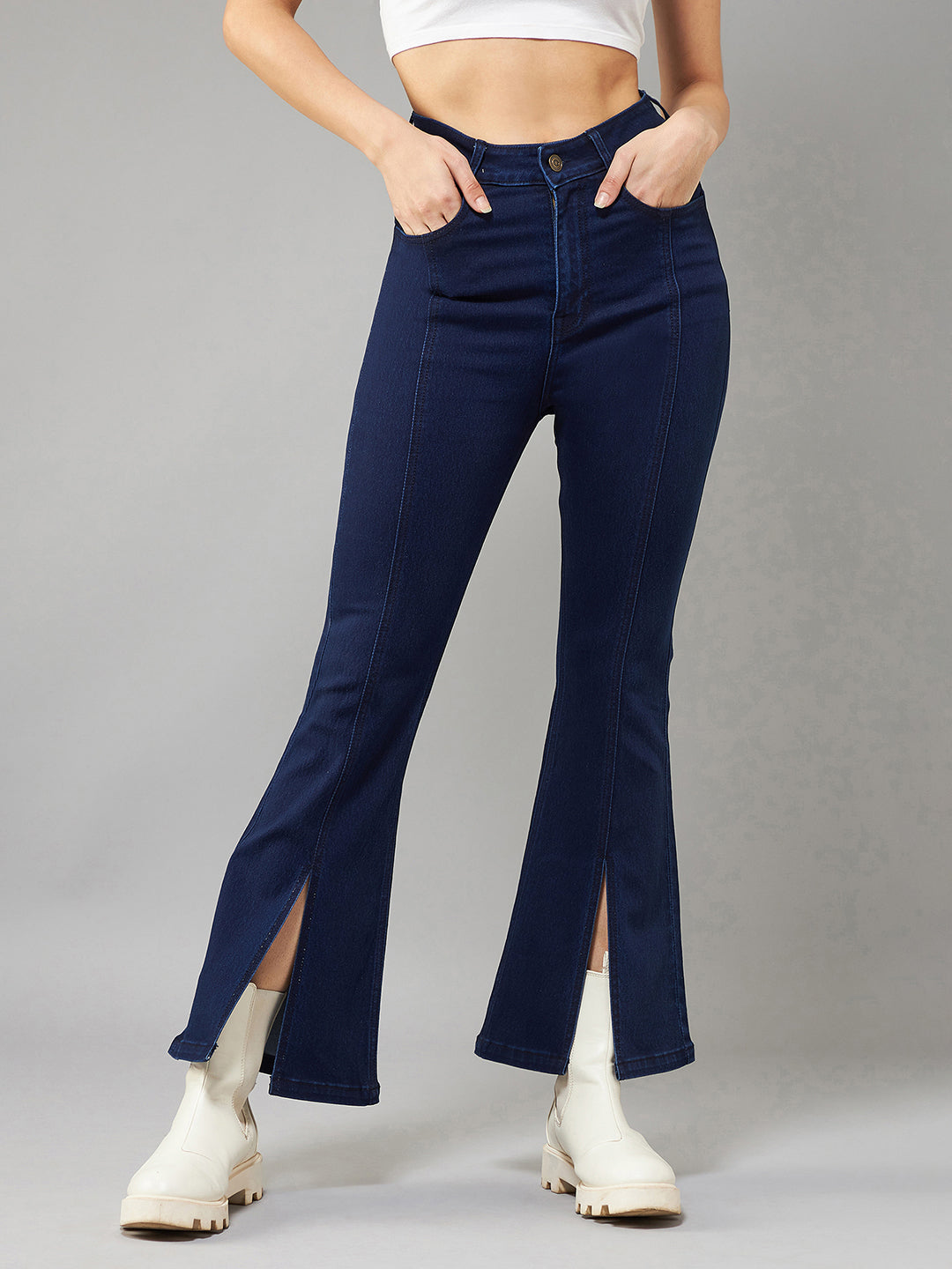 24/7 Comfort Navy-Blue Bell-Bottom Bootcut High-Rise Slit Stretchable Denim Jeans