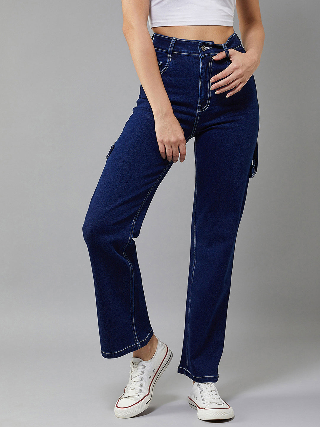 24/7 Comfort Navy-Blue Wide-Leg Bell-Bottom Bootcut High-Rise Stretchable Denim Jeans