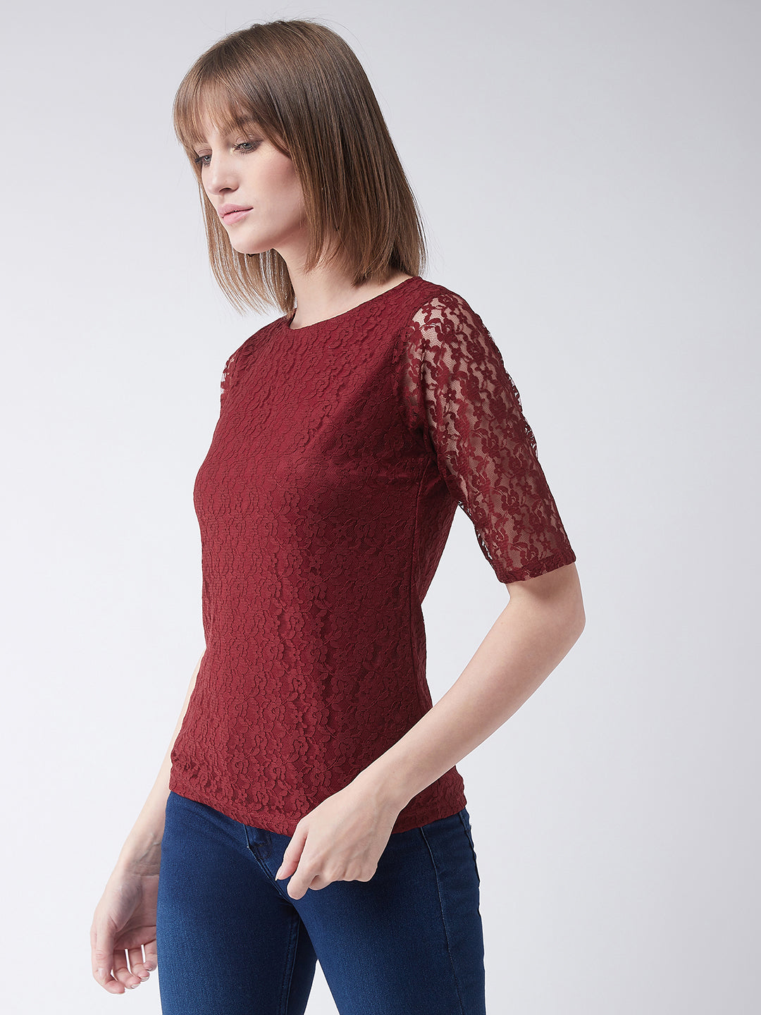 Women's Maroon Round Neck Half Sleeves Basic Lace Crop Top