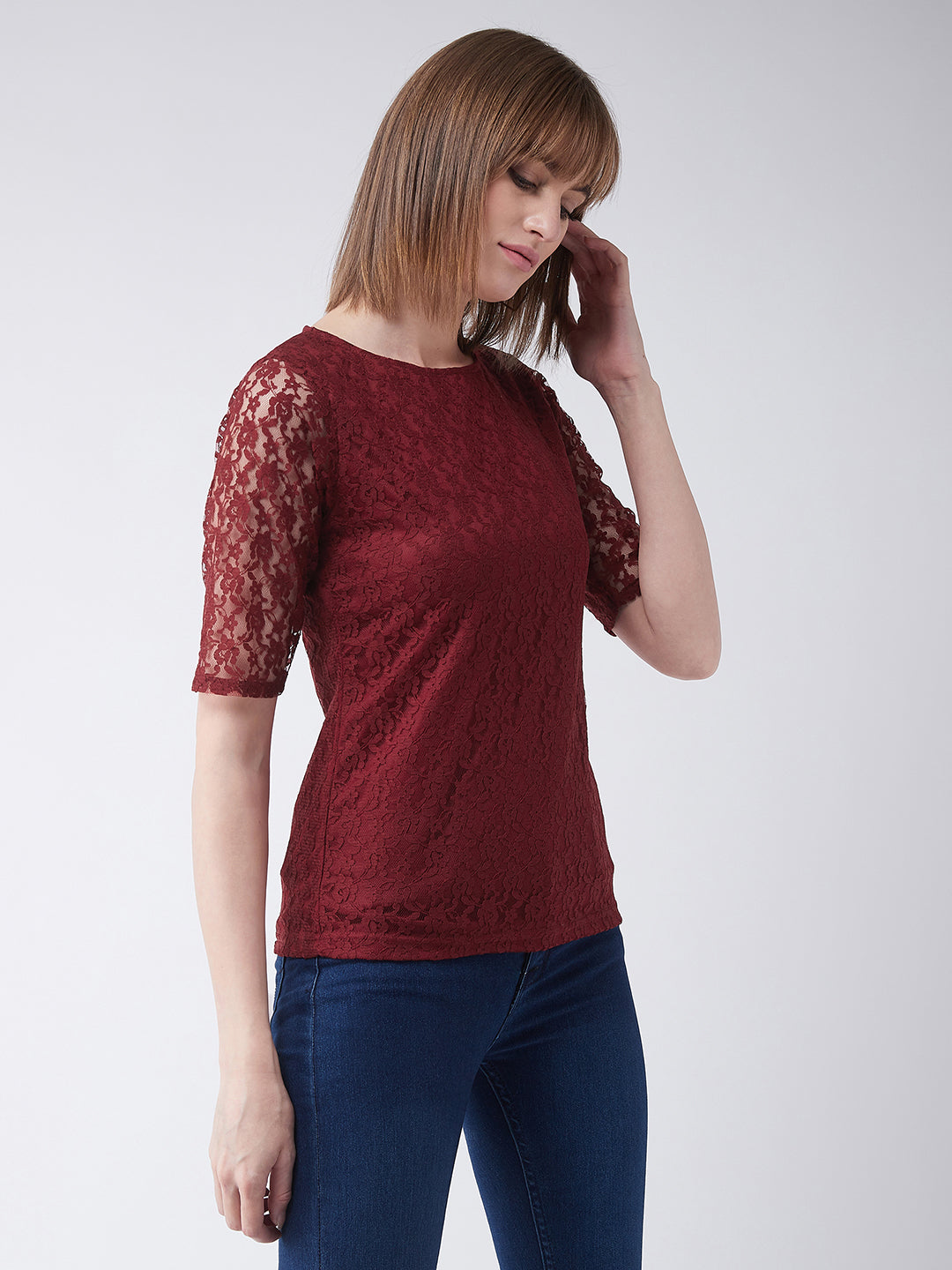 Women's Maroon Round Neck Half Sleeves Basic Lace Crop Top