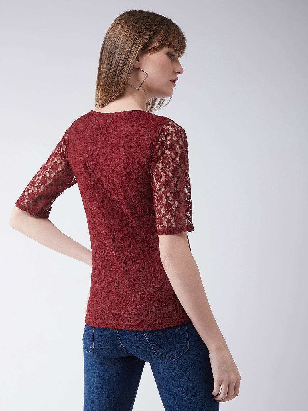 Women's Maroon Round Neck Half Sleeves Basic Lace Crop Top