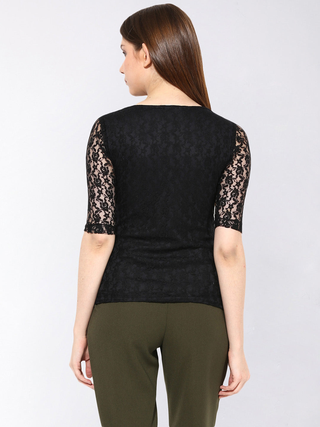 Women's Black Round Neck 3/4th Sleeves Lace Top