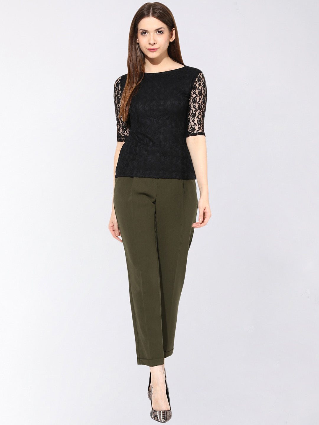 Women's Black Round Neck 3/4th Sleeves Lace Top