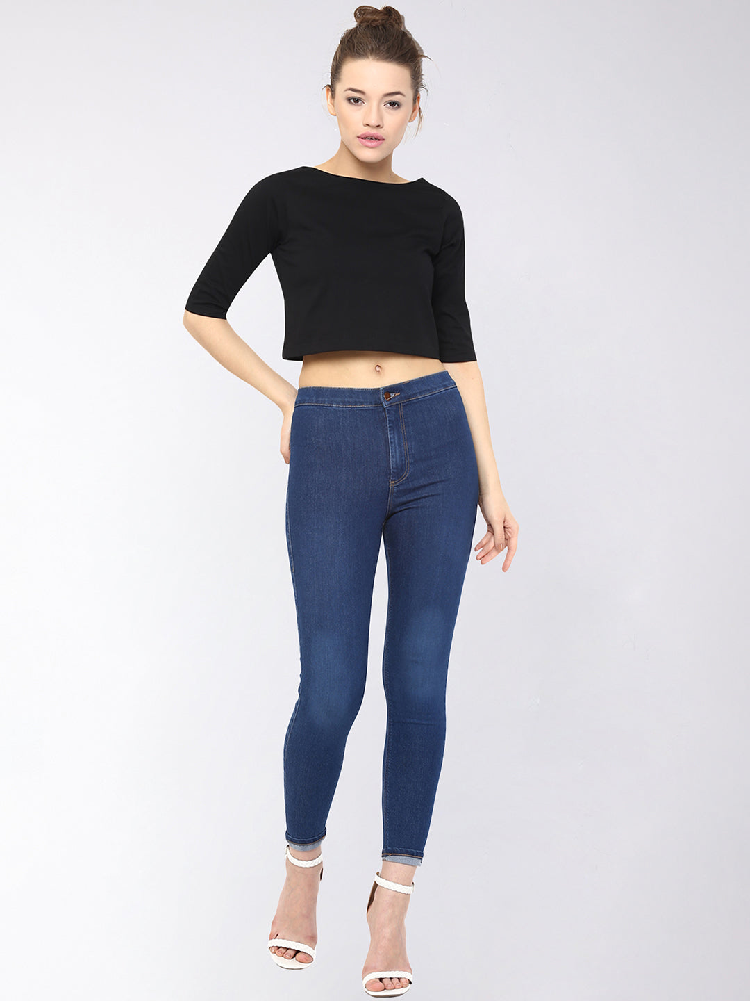 Women's Black Boat Neck Half Sleeves Casual Buttoned Crop Top