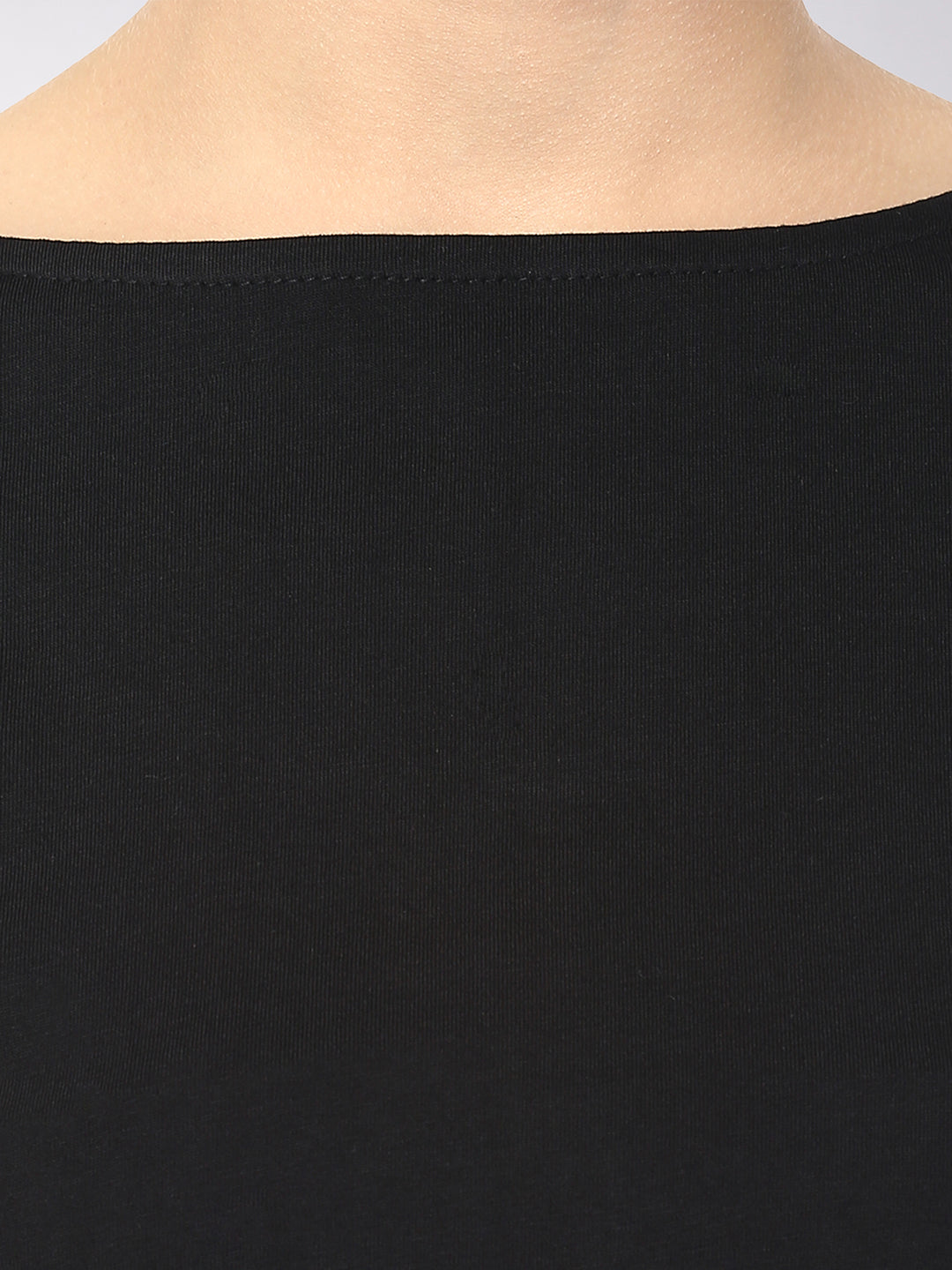 Women's Black Boat Neck Half Sleeves Casual Buttoned Crop Top