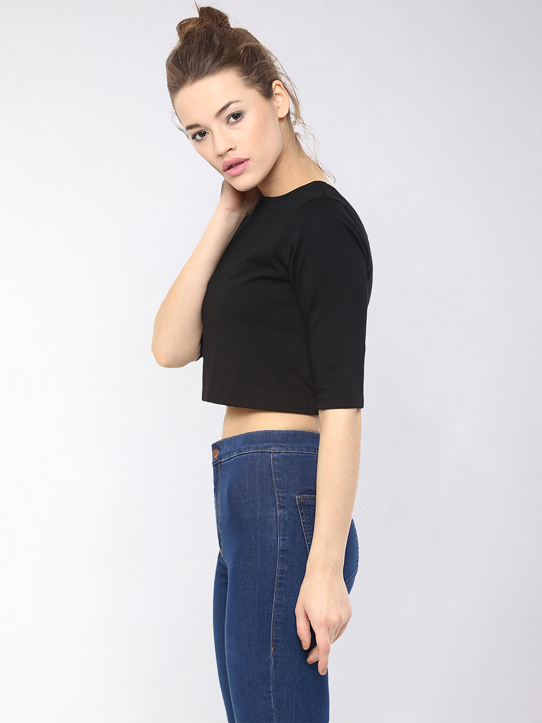 Women's Black Boat Neck Half Sleeves Casual Buttoned Crop Top