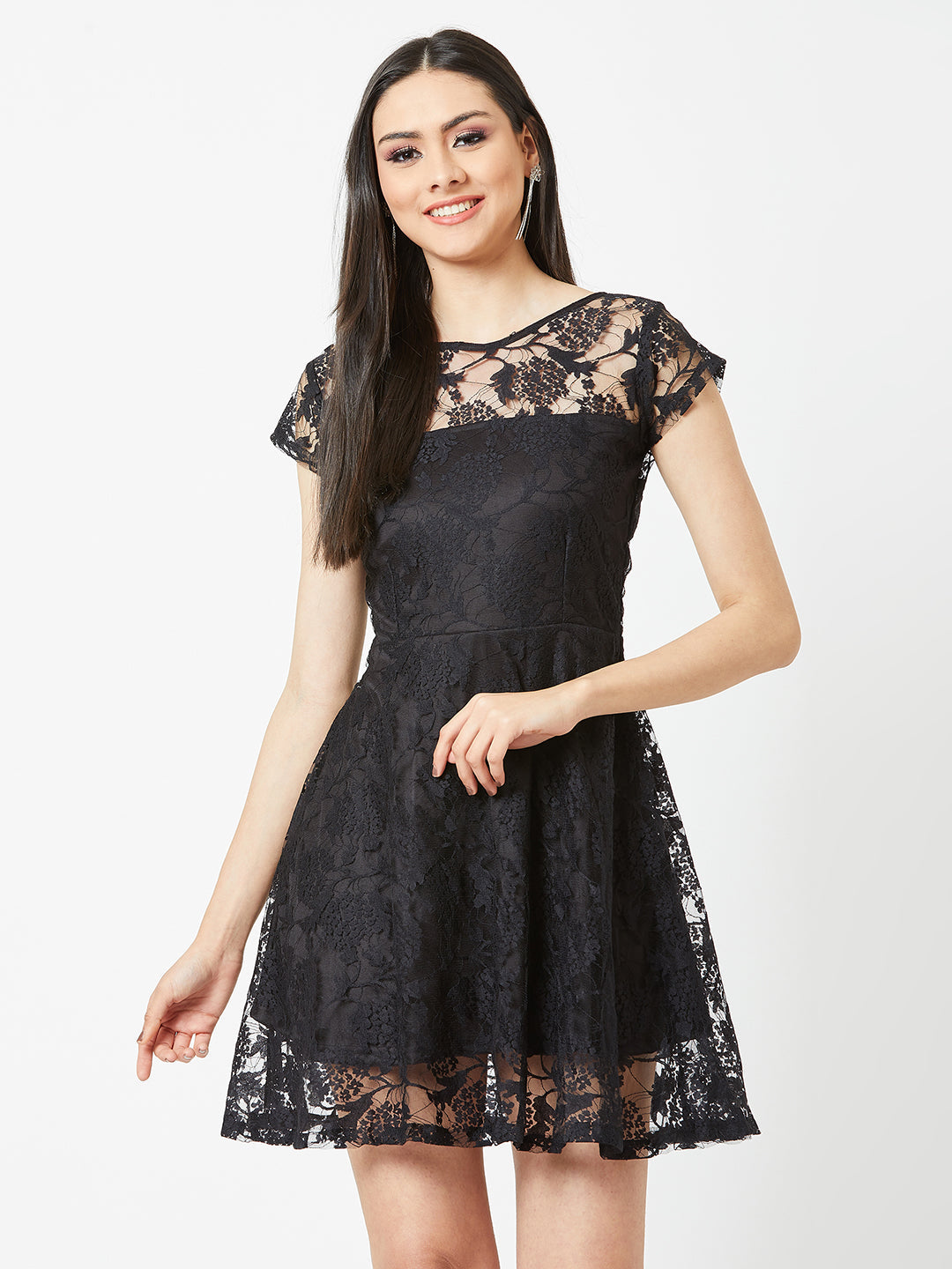 Women's Black Round Neck Cap Sleeves Low Back Lace Skater Dress