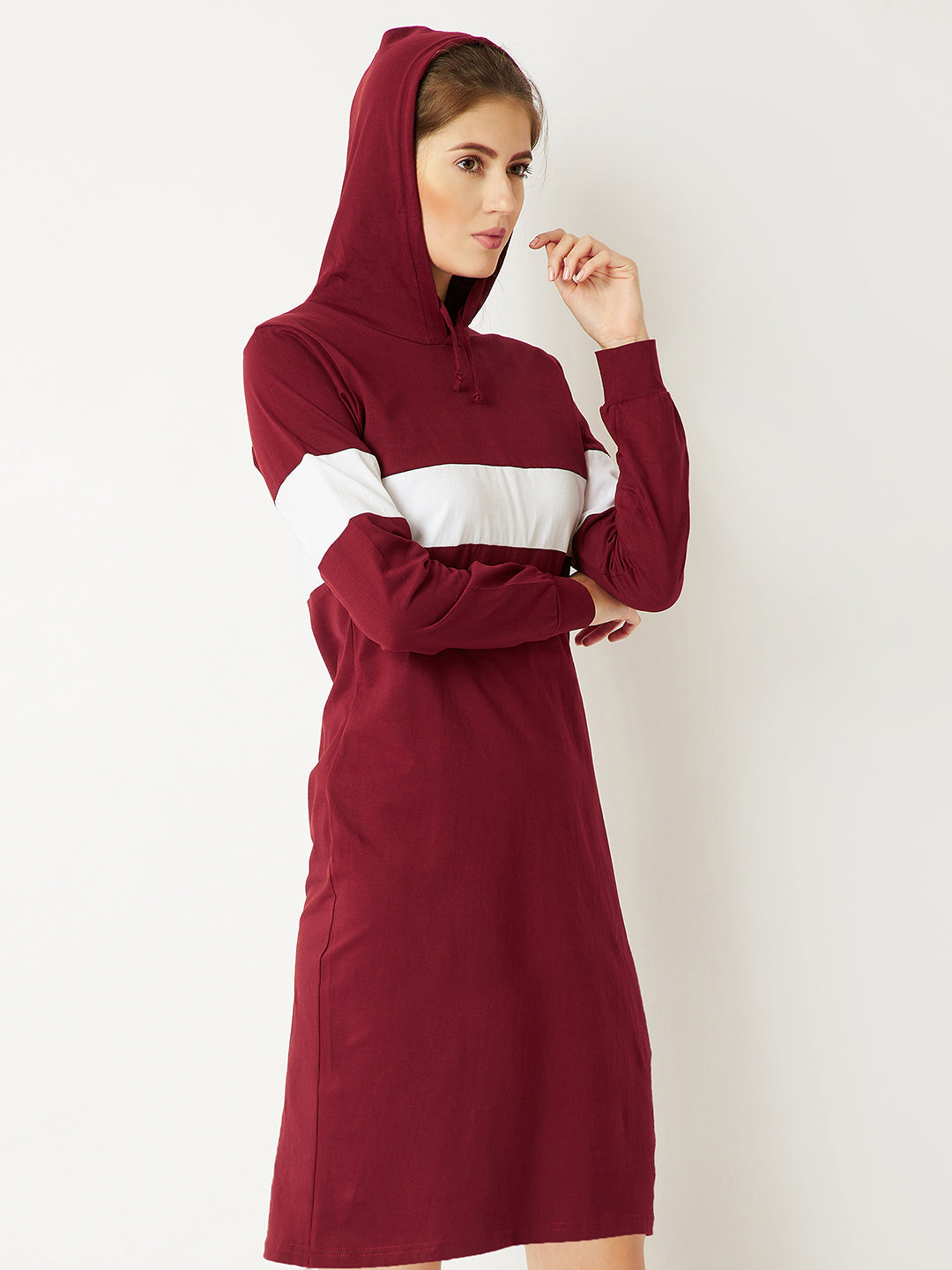Women's Maroon And White Round Neck Full Sleeve Cotton Solid Hooded Knee-Long T-Shirt Dress