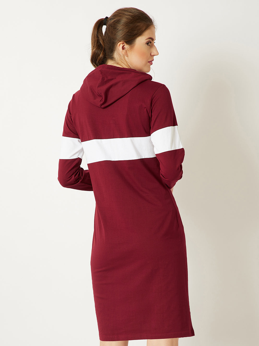 Women's Maroon And White Round Neck Full Sleeve Cotton Solid Hooded Knee-Long T-Shirt Dress