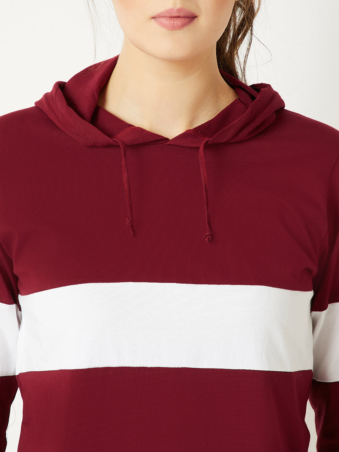 Women's Maroon And White Round Neck Full Sleeve Cotton Solid Hooded Knee-Long T-Shirt Dress