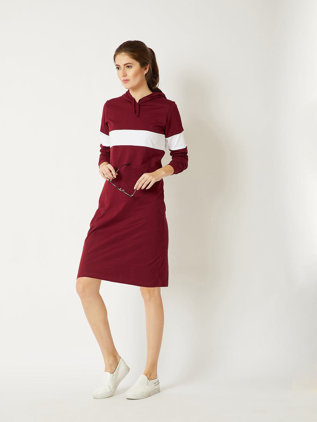 Women's Maroon And White Round Neck Full Sleeve Cotton Solid Hooded Knee-Long T-Shirt Dress