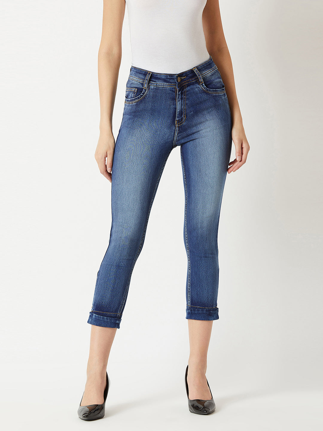 Women's Blue Skinny-Fit High-Rise Ankle Length Acid Wash Blast Effect Stretchable Denim Jeans