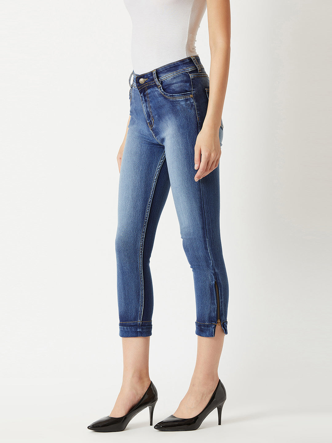 Women's Blue Skinny-Fit High-Rise Ankle Length Acid Wash Blast Effect Stretchable Denim Jeans