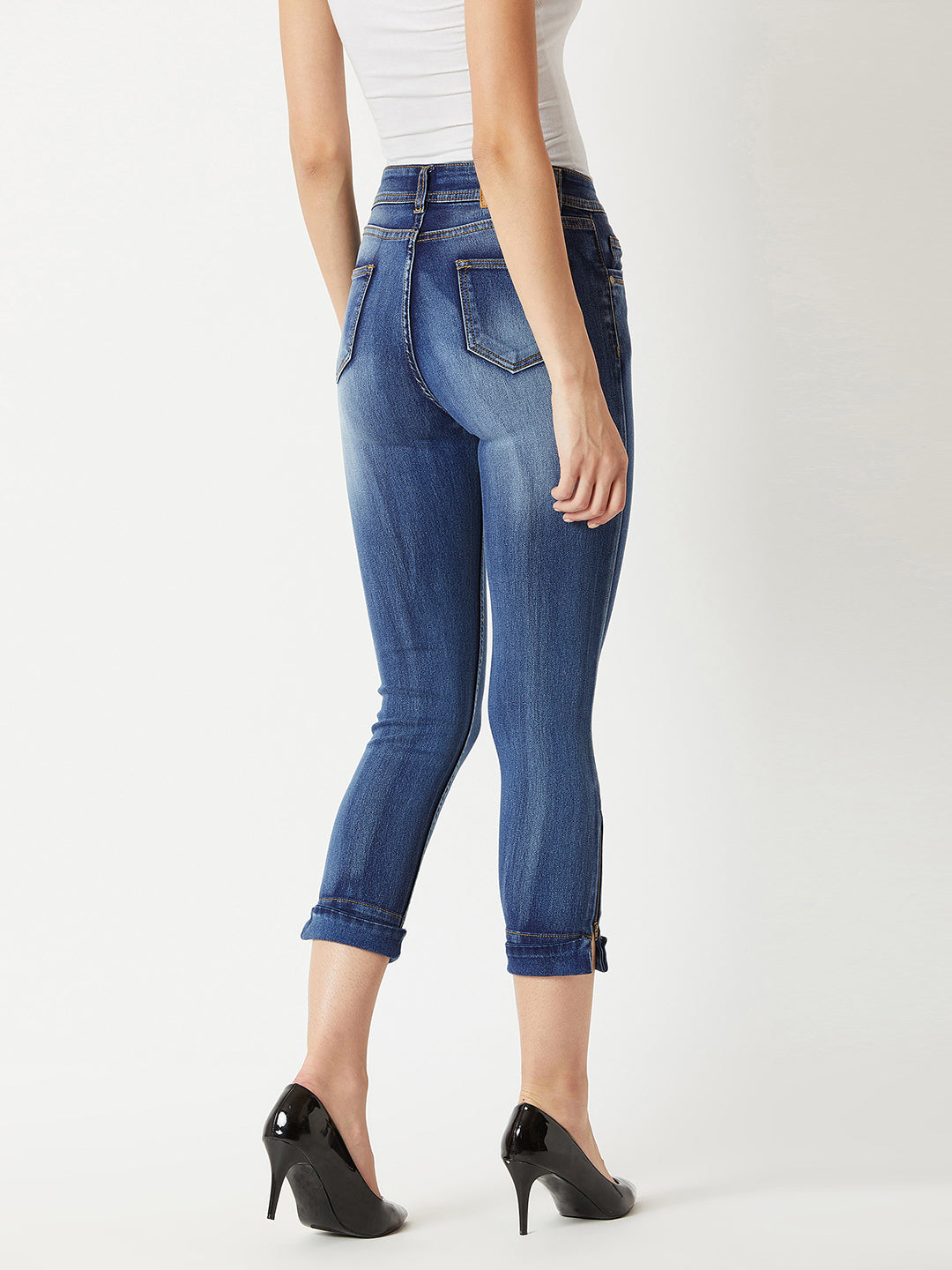 Women's Blue Skinny-Fit High-Rise Ankle Length Acid Wash Blast Effect Stretchable Denim Jeans