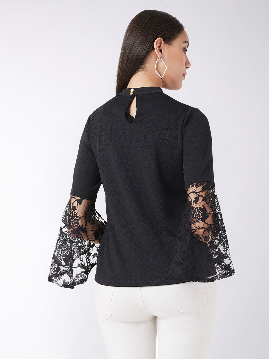 Women's Black Round Neck 3/4 Sleeve Solid Lace Semi Sheer Split Sleeve Choker Style Top