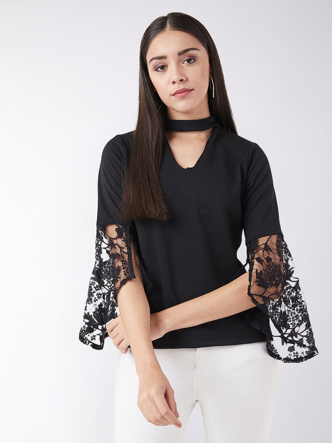 Women's Black Round Neck 3/4 Sleeve Solid Lace Semi Sheer Split Sleeve Choker Style Top