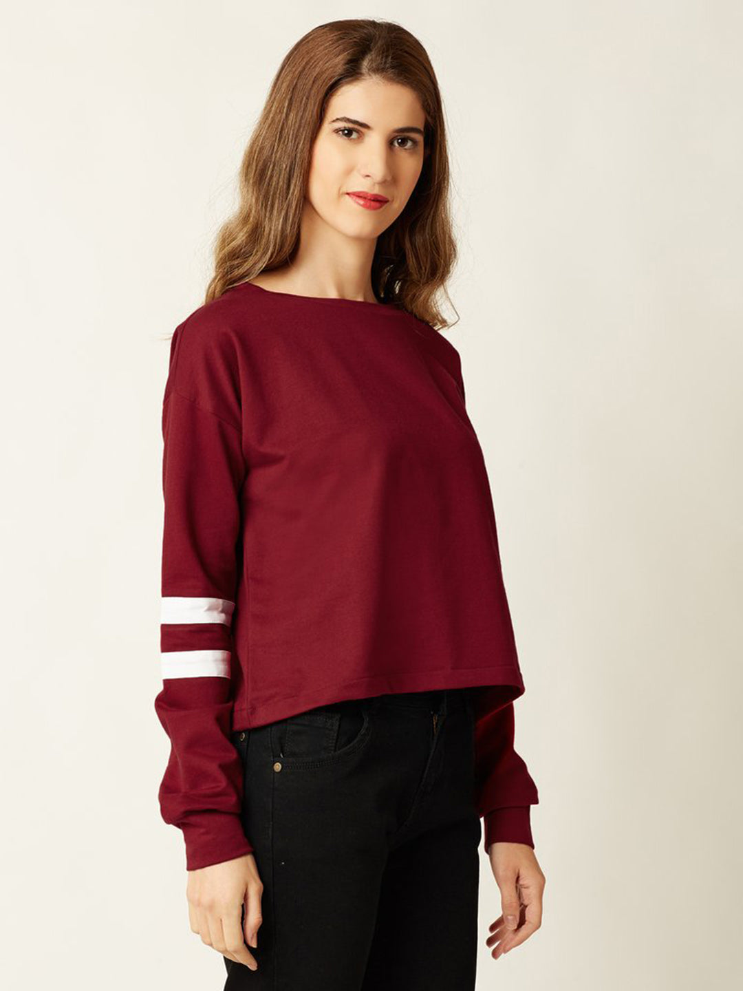 Women's Maroon Round Neck Full Sleeve Solid Paneled Boxy Top