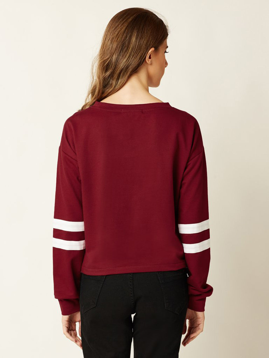 Women's Maroon Round Neck Full Sleeve Solid Paneled Boxy Top