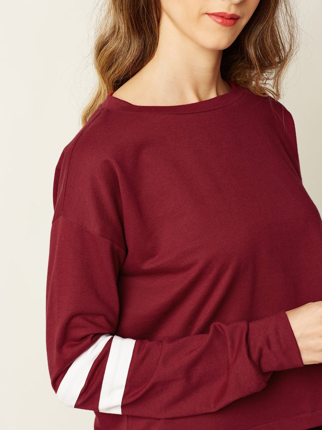 Women's Maroon Round Neck Full Sleeve Solid Paneled Boxy Top