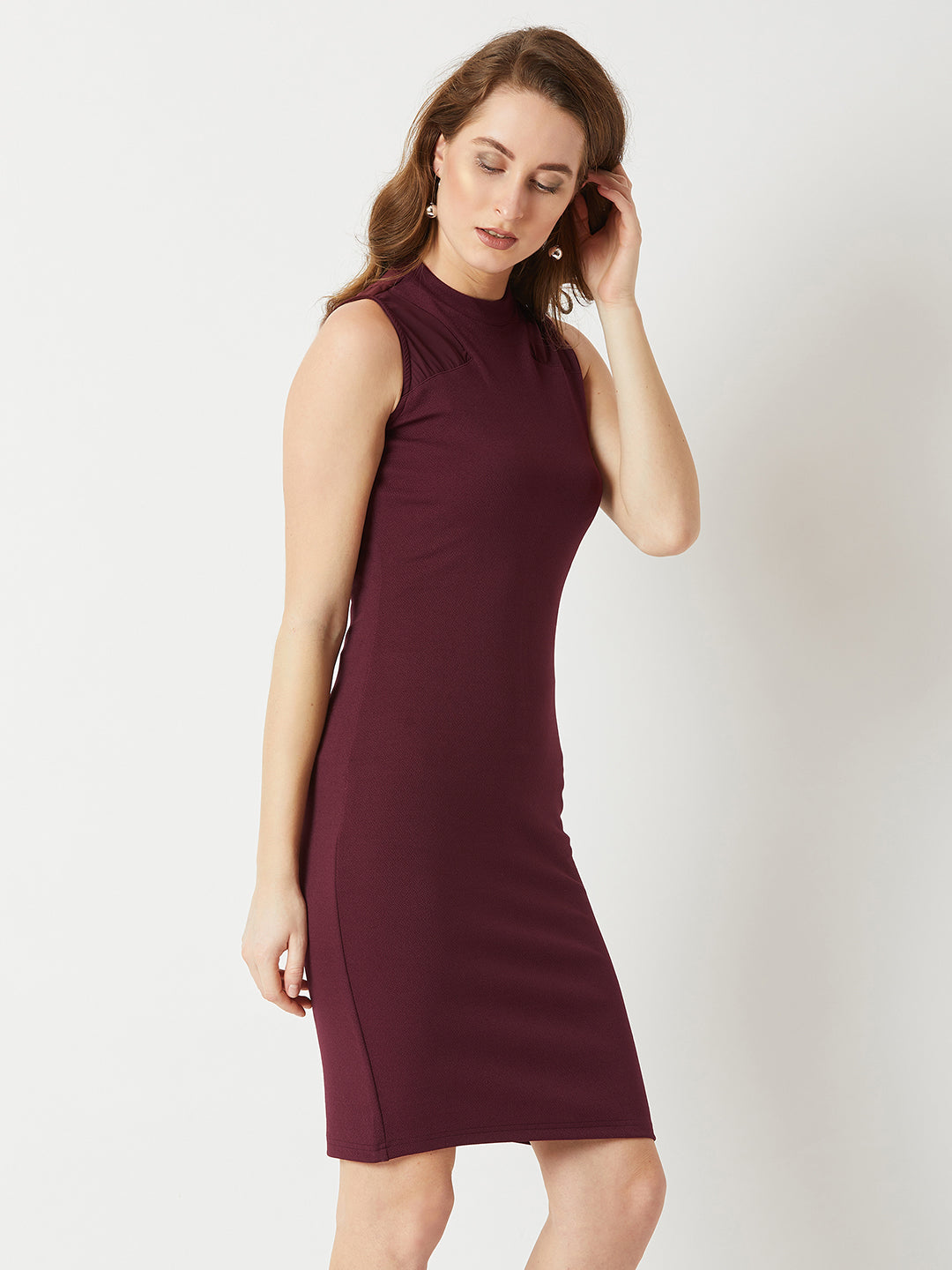 Women's Wine Red High Round Neck Sleeveless Solid Semi Sheer Detailing Paneled Bodycon Knee-Long Dress