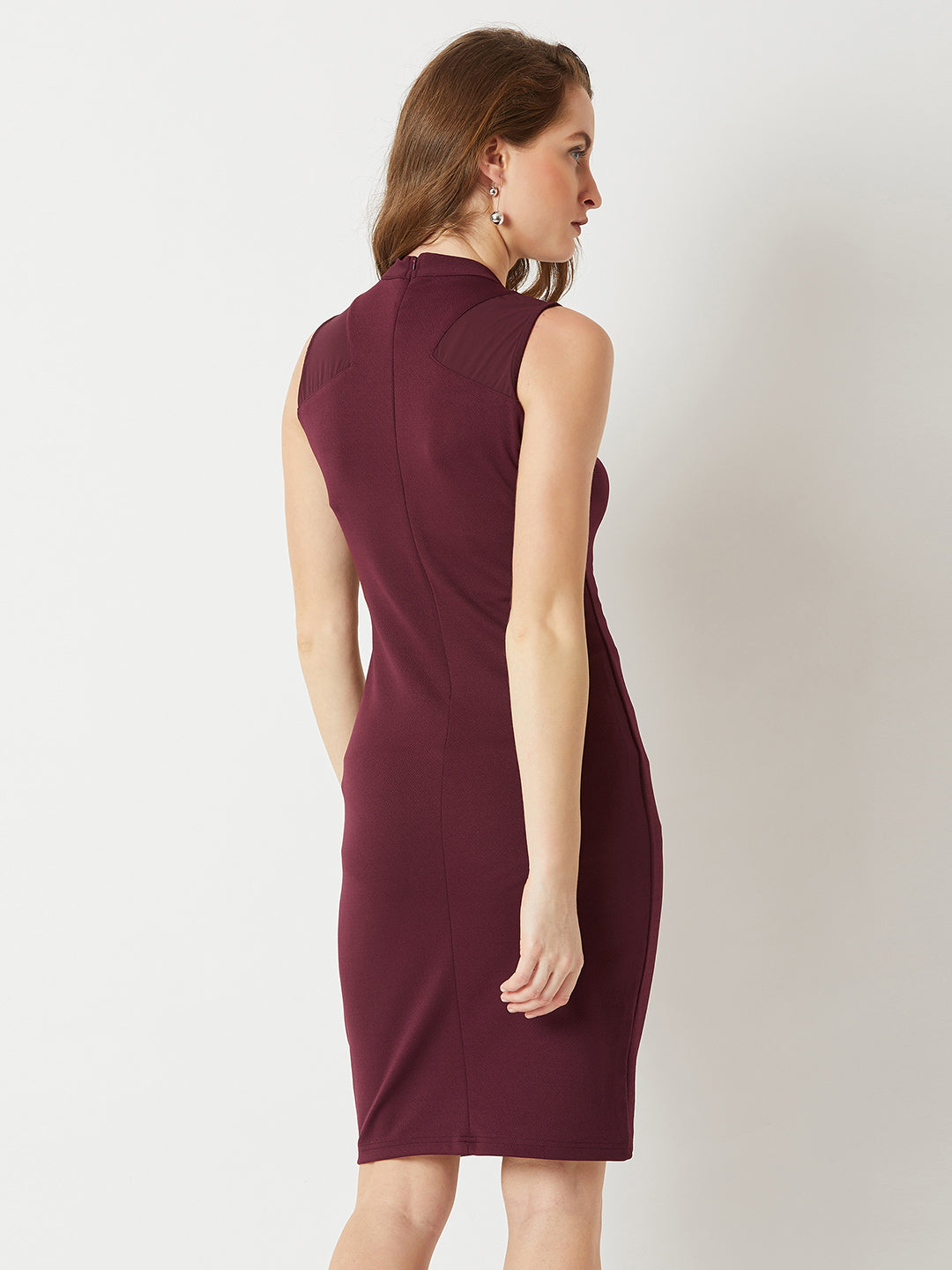 Women's Wine Red High Round Neck Sleeveless Solid Semi Sheer Detailing Paneled Bodycon Knee-Long Dress