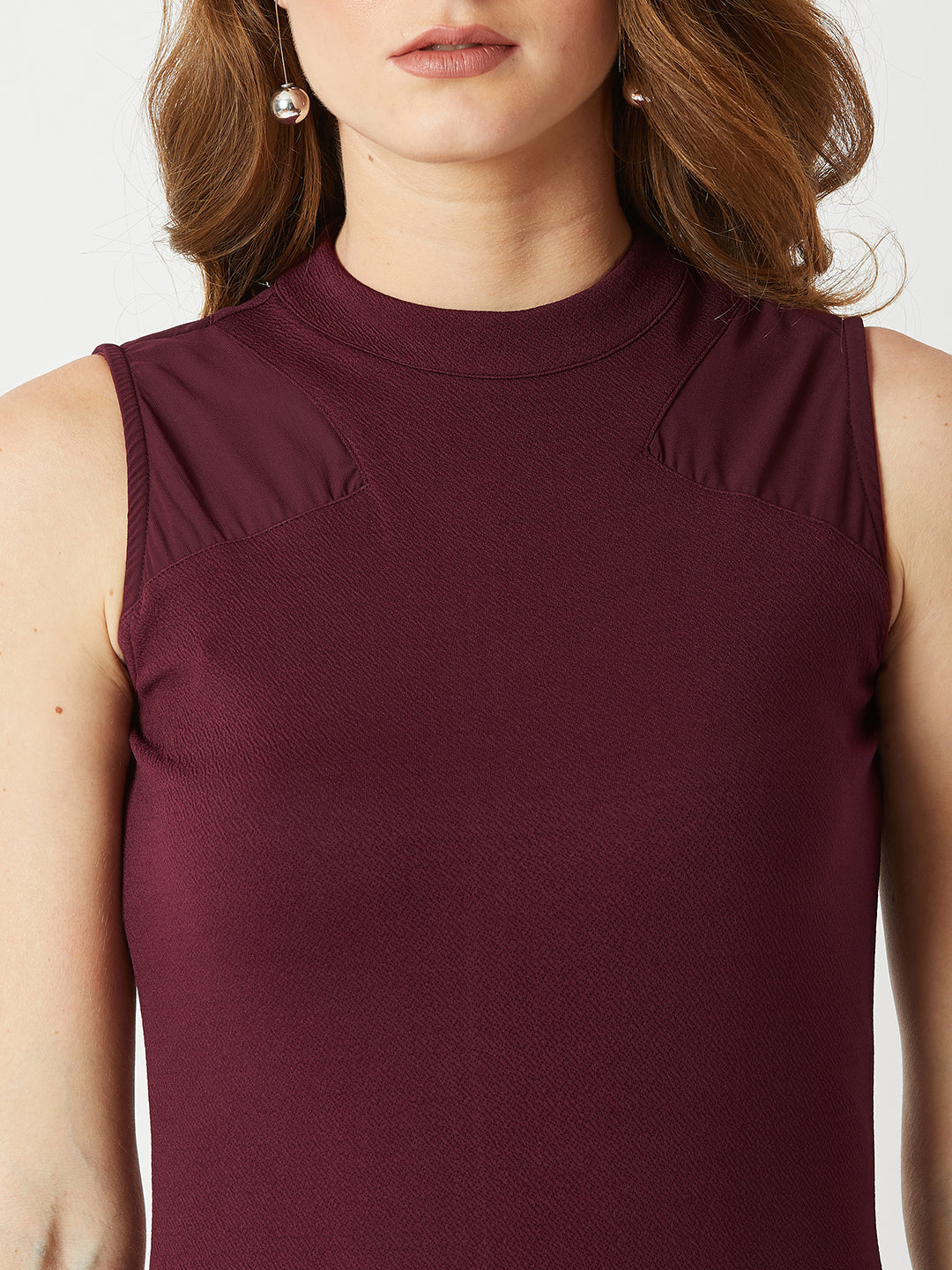 Women's Wine Red High Round Neck Sleeveless Solid Semi Sheer Detailing Paneled Bodycon Knee-Long Dress