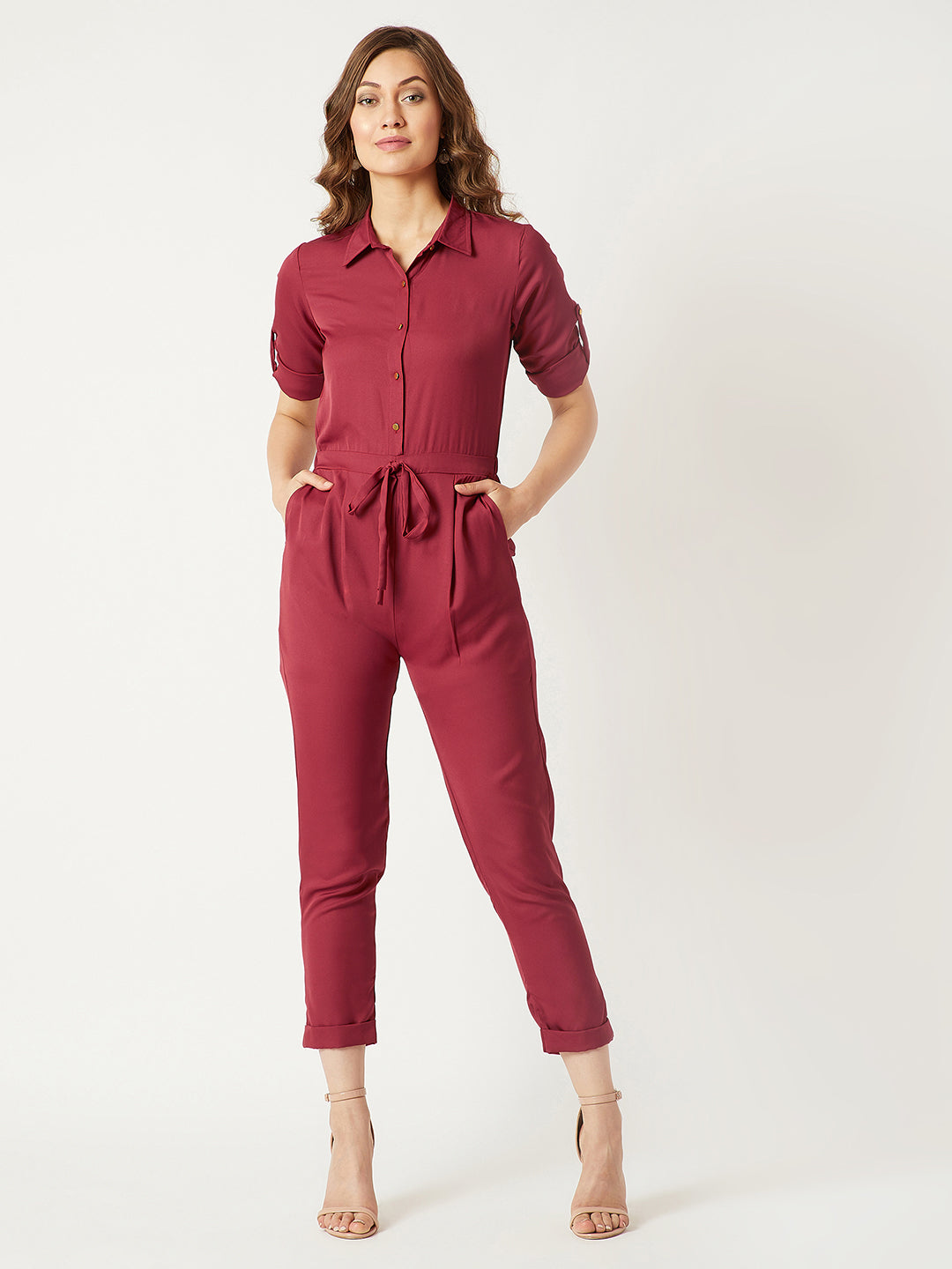 Women's Maroon Collared 3/4 Sleeves Collared Tie-Up Detailing Solid Straight Leg Regular Length Jumpsuit